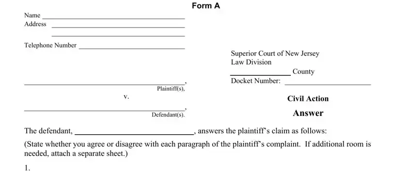 Stage # 1 in filling in NJ Civil Action Answer Form