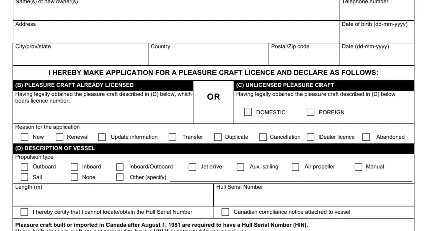 pleasure craft licence renewal form completion process shown (portion 1)