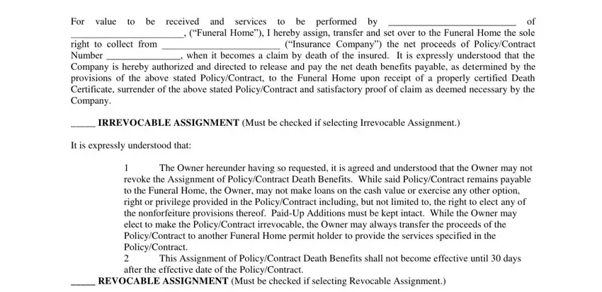Part # 1 of filling out life insurance assignment form for funeral home