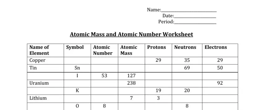 Filling out part 1 of mass atomic worksheet online