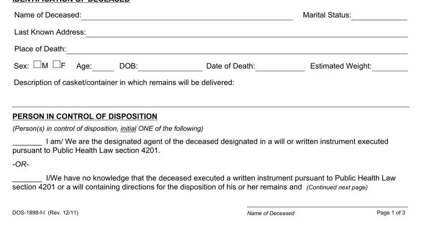 IDENTIFICATION OF DECEASED,  I am We are the designated agent, and Date of Death of new york state cremation authorization form