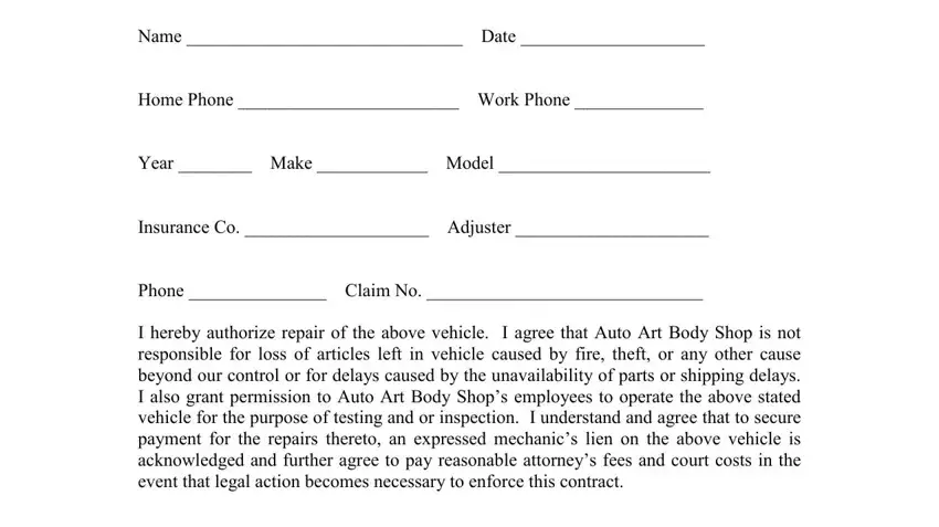 How to fill out auto body repair authorization form stage 1