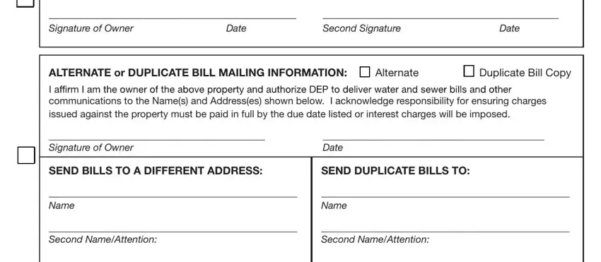  Signature of Owner,  Second NameAttention, and SEND DUPLICATE BILLS TO of customer registration form dep