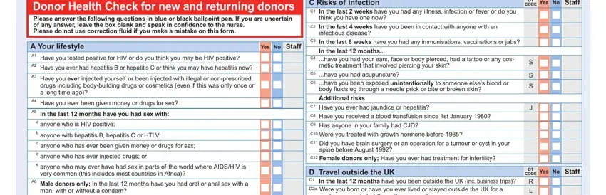 Filling out segment 1 of donor healthcheck form