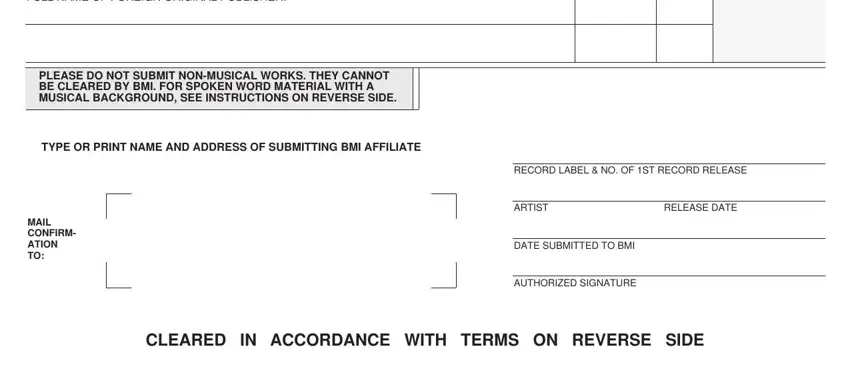 FULL NAME OF FOREIGN ORIGINAL, ARTIST, and CLEARED IN ACCORDANCE WITH TERMS inside clearance form bmi