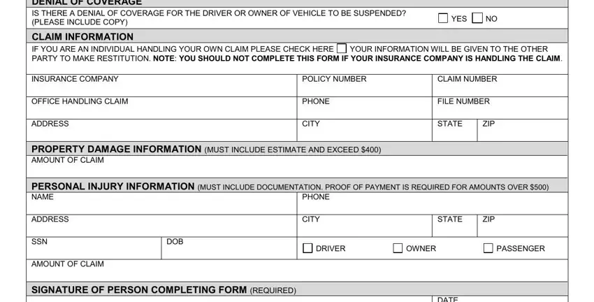DENIAL OF COVERAGE, ZIP, and YES of bmv crash report