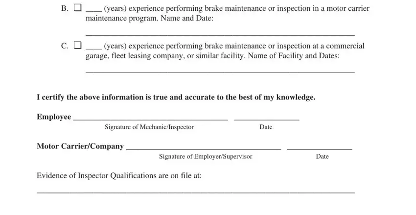 Signature of MechanicInspector, I certify the above information is, and Date in brake certification