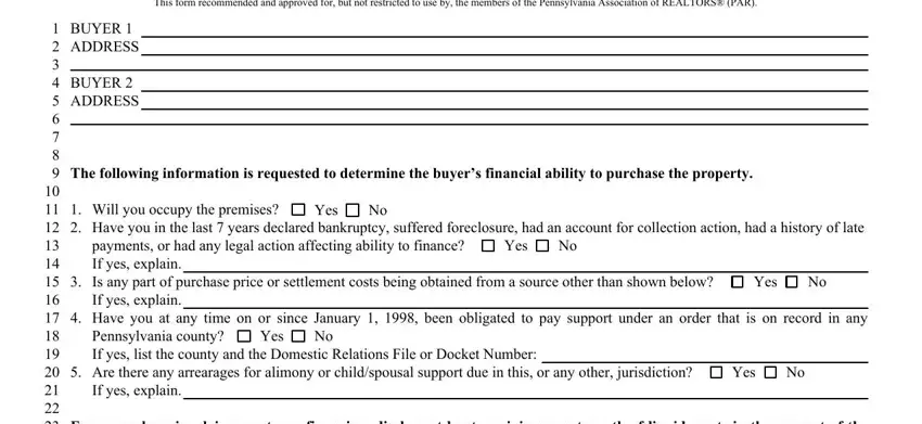Writing section 1 in buyer's financial disclosure statement