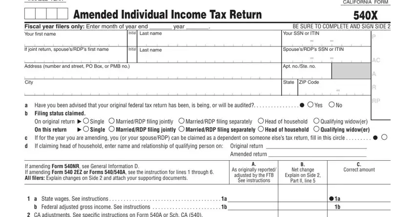 Filling out section 1 of California Form 540X