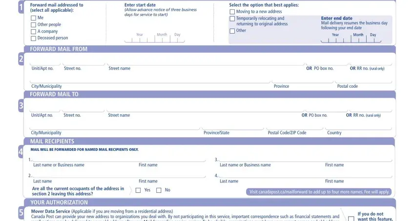Filling out segment 1 in forward ca canadapost