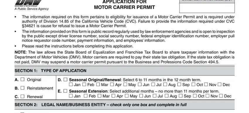 Filling in part 1 in motor ca carrier permit
