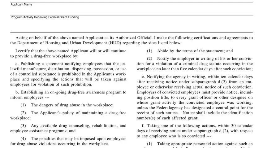 Simple tips to fill in Certification Drug Free Workplace Form step 1