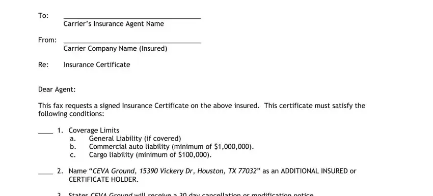 General Liability if covered, To From  Re Dear Agent This fax, and Name CEVA Ground  Vickery Dr of ceva carrier packet