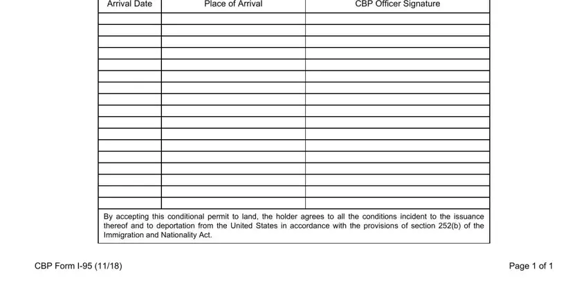 CBP Officer Signature, Arrival Date, and By accepting this conditional inside form i 95