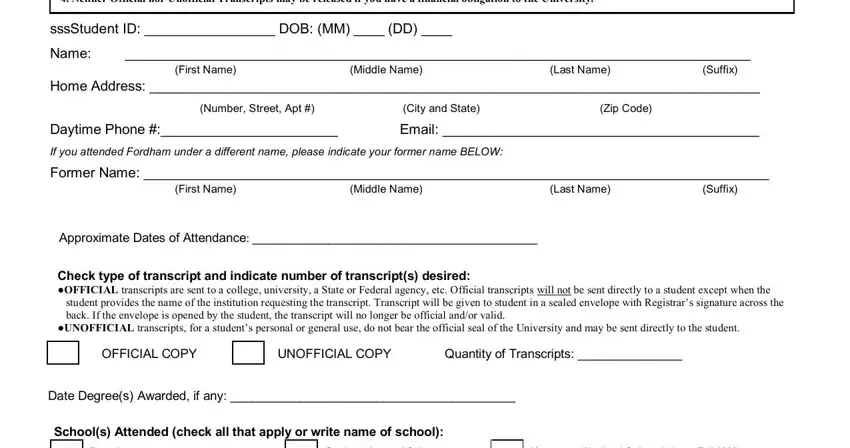 Filling out segment 1 of fordham request transcript of record