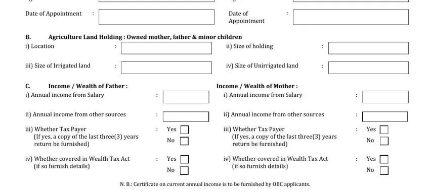 Agriculture Land Holding  Owned, Income  Wealth of Father, and Yes in caste certificate application form download