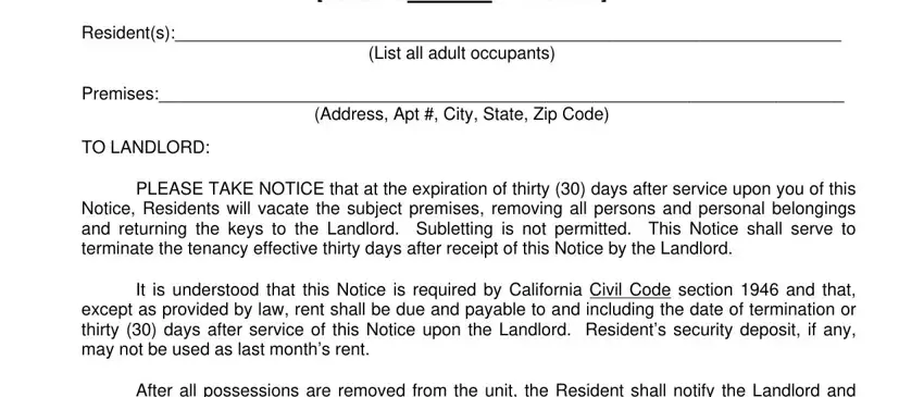 Part no. 1 in completing 30 day vacate notice