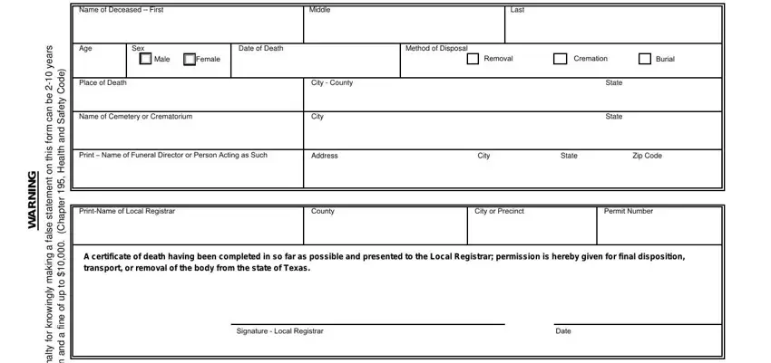 Filling out section 1 in texas burial form