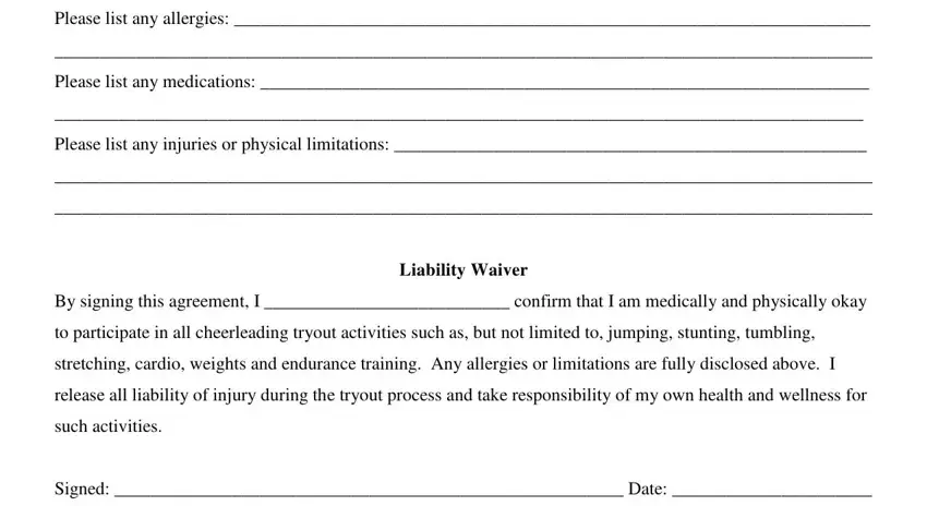 Completing section 4 in and editable dance class application forms