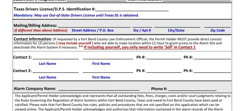 Alarm Company Name  The, Subdivision  Neighborhood  Main, and Texas Drivers LicenseDPS in Ft Bend Co Alarm Permit Form