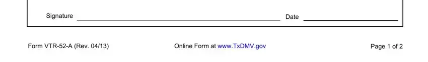 Signature, Online Form at wwwTxDMVgov, and Form VTRA Rev of vtr 52a