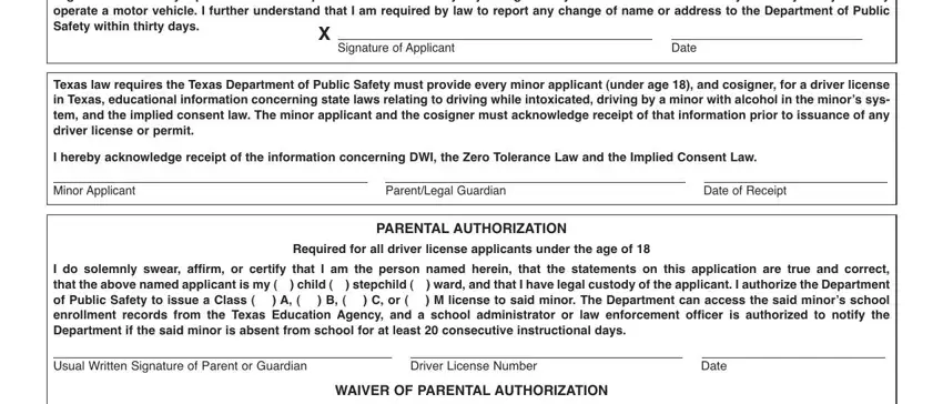 WAIVER OF PARENTAL AUTHORIZATION, Driver License Number, and ParentLegal Guardian in application for a drivers license