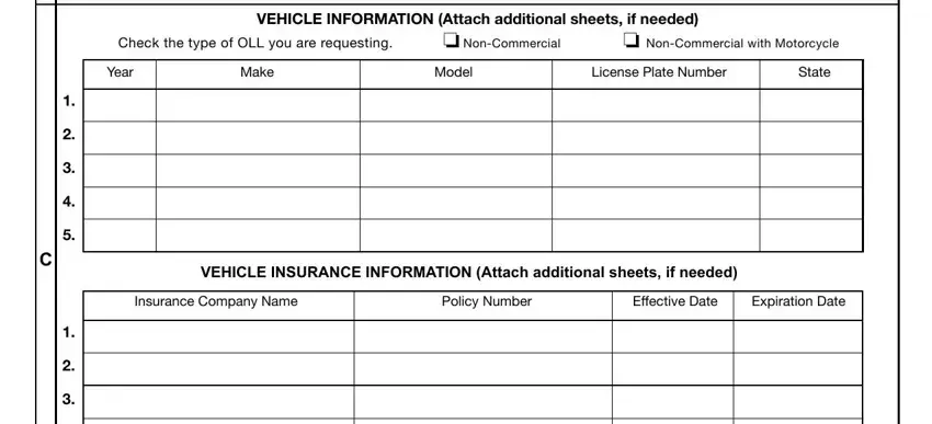 Check the type of OLL you are, Policy Number, and VEHICLE INSURANCE INFORMATION of pa occupational license