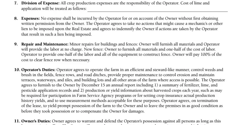 Operators Duties Operator agrees, brush in the ﬁelds fence rows and, and lien to be imposed upon the Real inside iowa cash rent farm lease