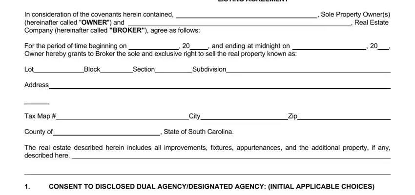 Completing part 1 in SC Real Estate Listing Agreement Form