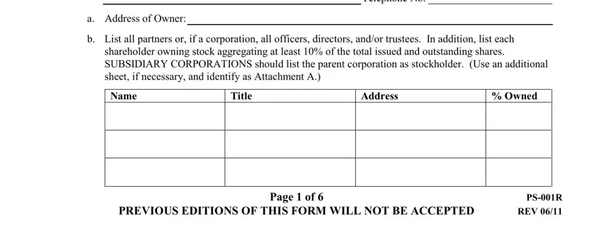 Owned, a Address of Owner, and b List all partners or if a inside PS-001Y