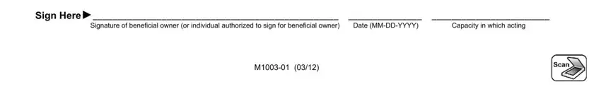 Capacity in which acting, Sign Here, and Signature of beneficial owner or in rusa form