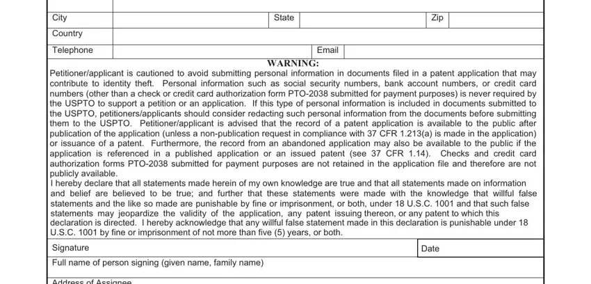 Zip, Email, and Address of Assignee of Form Pto Sb 52