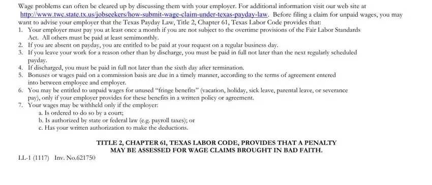 Part no. 1 for filling in texas labor board wage claim