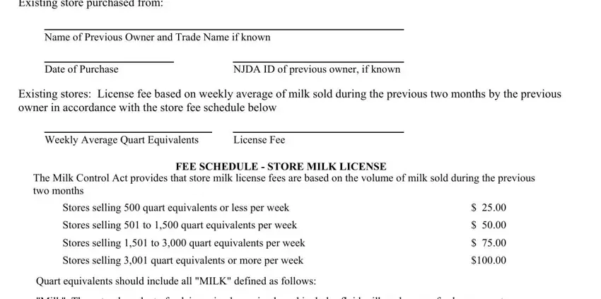Stores selling  to  quart, Existing stores License fee based, and Quart equivalents should include inside new jersey milk license application
