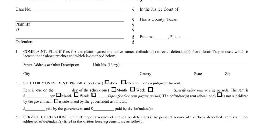 Step no. 1 in filling out petition for eviction form texas