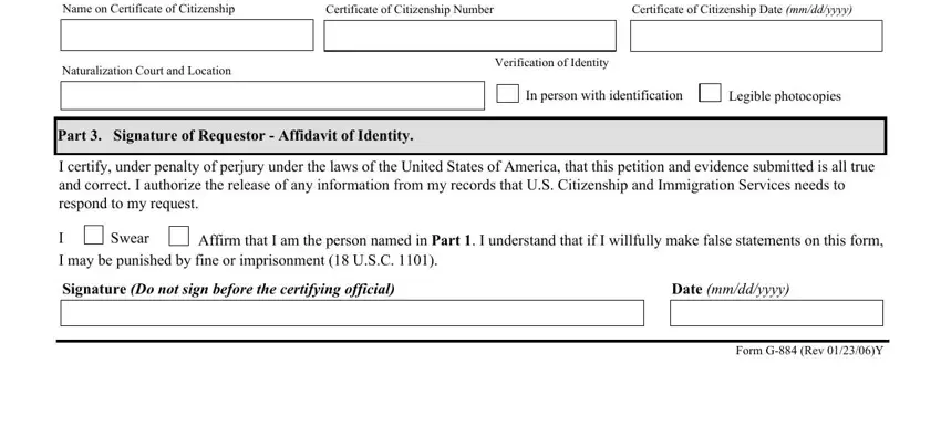 Verification of Identity, Form G Rev Y, and Certificate of Citizenship Date of g 884 form