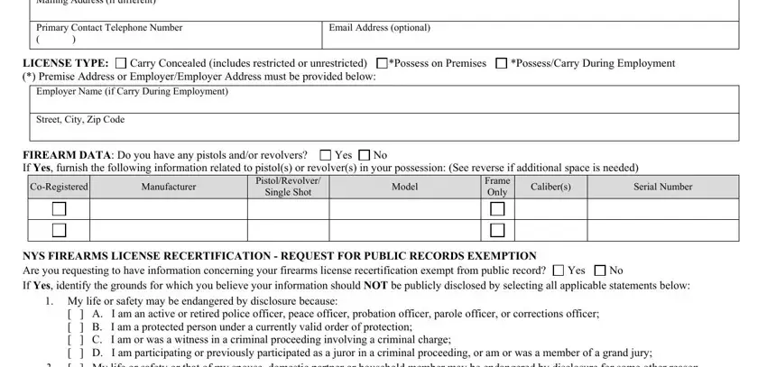 PossessCarry During Employment, Mailing Address if different, and Yes inside ny form pistol license