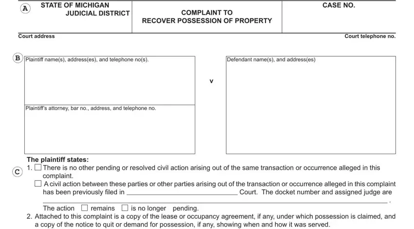 Step no. 1 of completing complaint to recover possession of property michigan