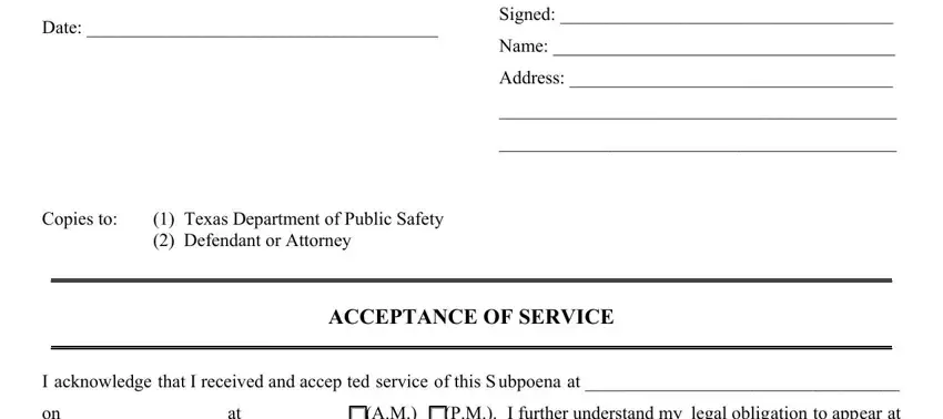 ACCEPTANCE OF SERVICE, I received this subpoena for, and Texas Department of Public Safety inside soah subpoena for alr hearing