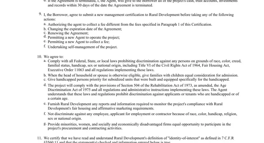 The project will comply with the, We agree to a, and If the Agreement is terminated I of omb 0575 0189 form