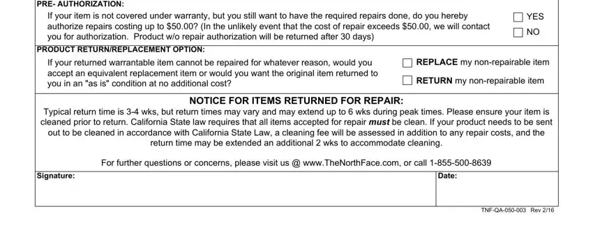 NOTICE FOR ITEMS RETURNED FOR, Date, and PRODUCT RETURNREPLACEMENT OPTION inside north face repair form