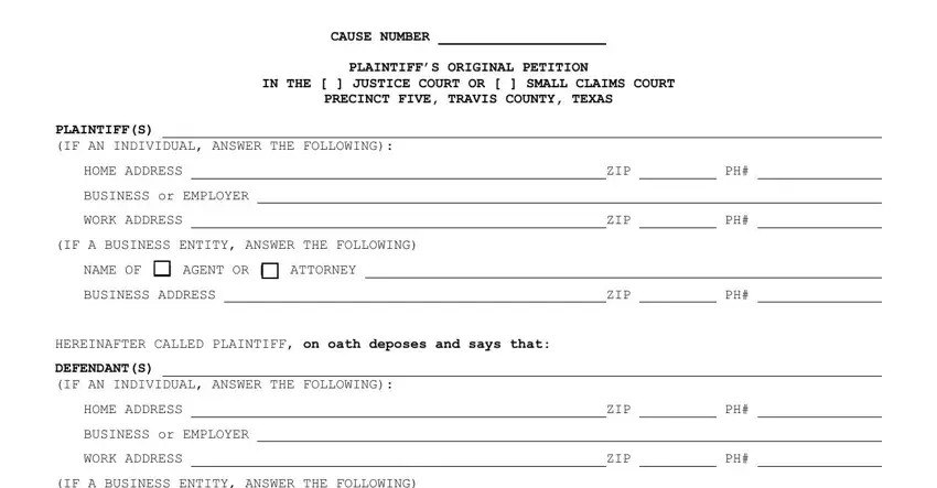 Stage no. 1 in filling in plaintiff original petition form texas