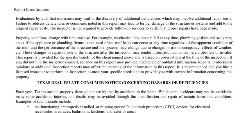 TEXAS REAL ESTATE CONSUMER NOTICE, receptacles in garages bathrooms, and malfunctioning improperly in property inspection report form