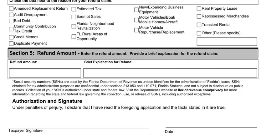 Taxpayer Signature, Check the box next to the reason, and Social security numbers SSNs are of florida refund