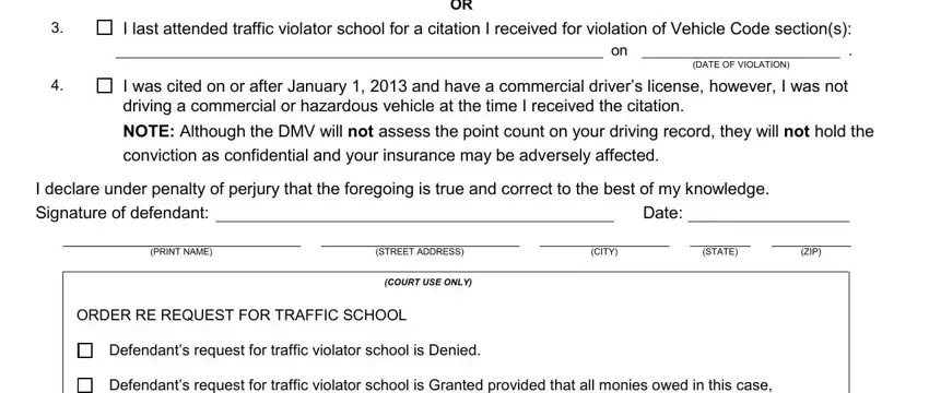 COURT USE ONLY, DATE OF VIOLATION, and I was cited on or after January in Heacock