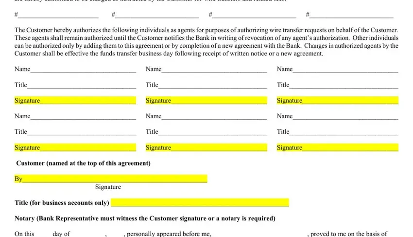 Signature, Name Title Signature Name Title, and Name Title Signature Name Title inside transfer agreement wire sample