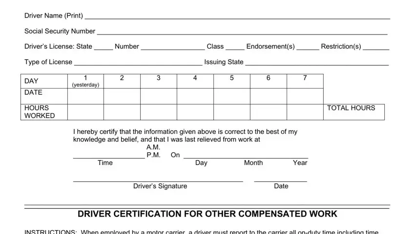 Filling out part 1 of form driver statement on duty hours