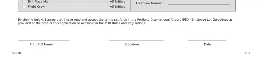 Print Full Name, By signing below I agree that I, and AS Initials inside Portland Form 216