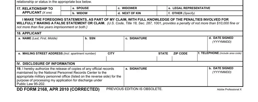 c SIGNATURE, STATE, and RELATIONSHIP TO APPLICANT X one I inside va form 2168