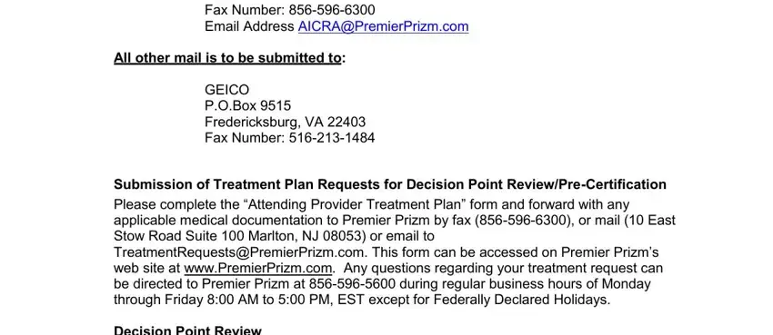 Decision Point Review Pursuant to, All other mail is to be submitted, and Submission of Treatment Plan inside geico loss